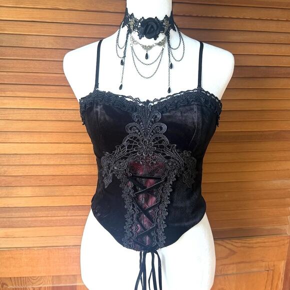Dark In Love Tops - Dark in Love Gothic Victorian Blood Offering Black Red Velvet & Lace Cami Top